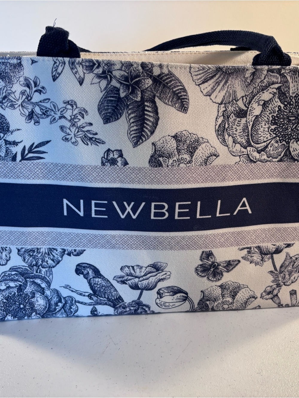 New Bella Floral Toile Canvas Tote Bag in Navy and White